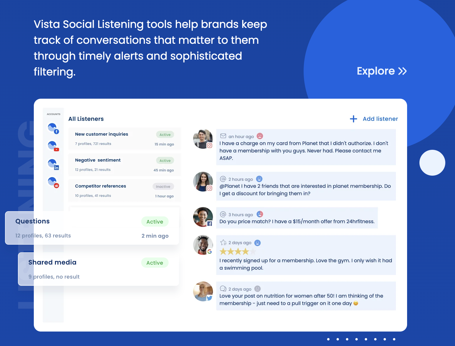 Vista Social social listening interface for monitoring conversations and topics