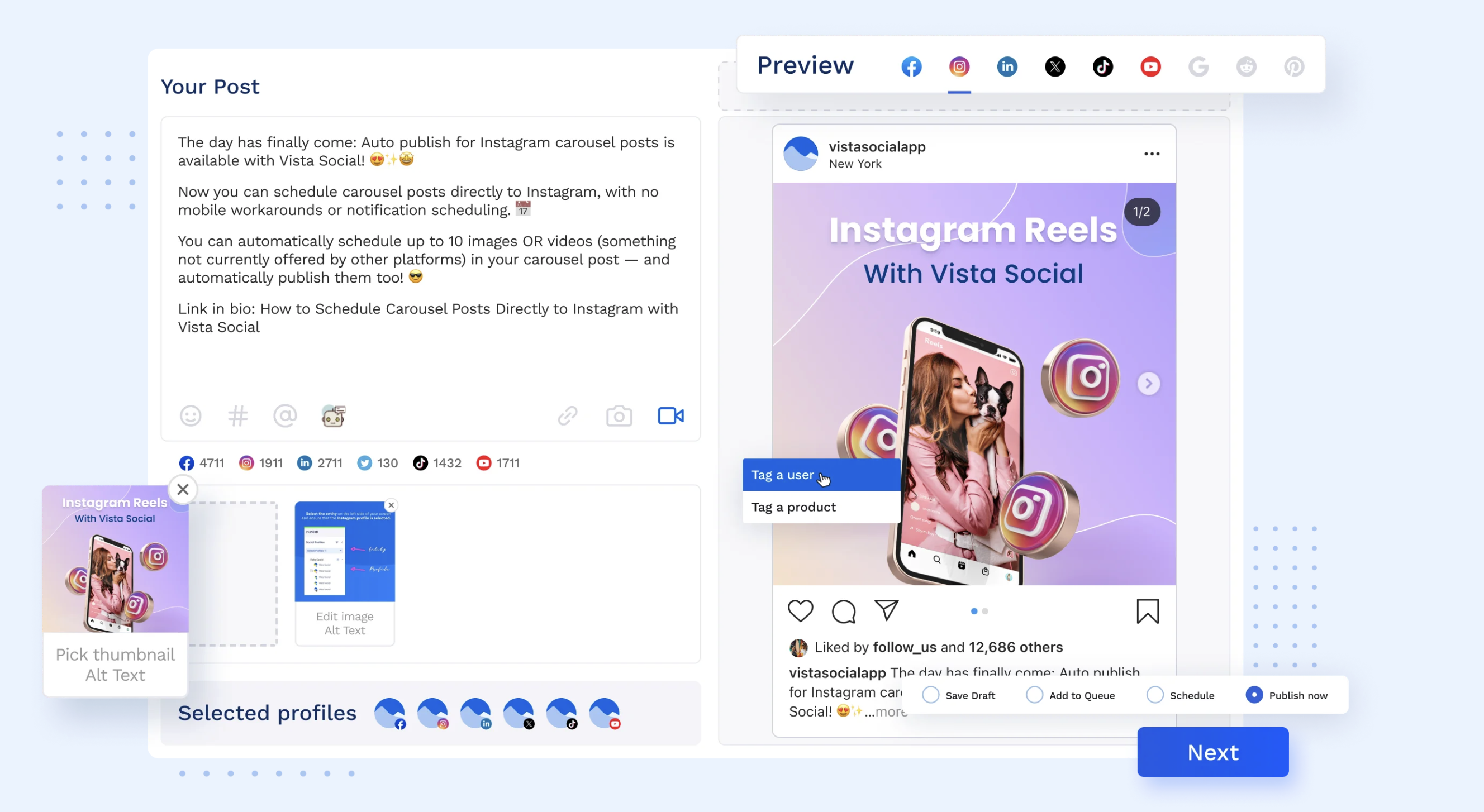 Vista Social publishing interface for multiple social platforms