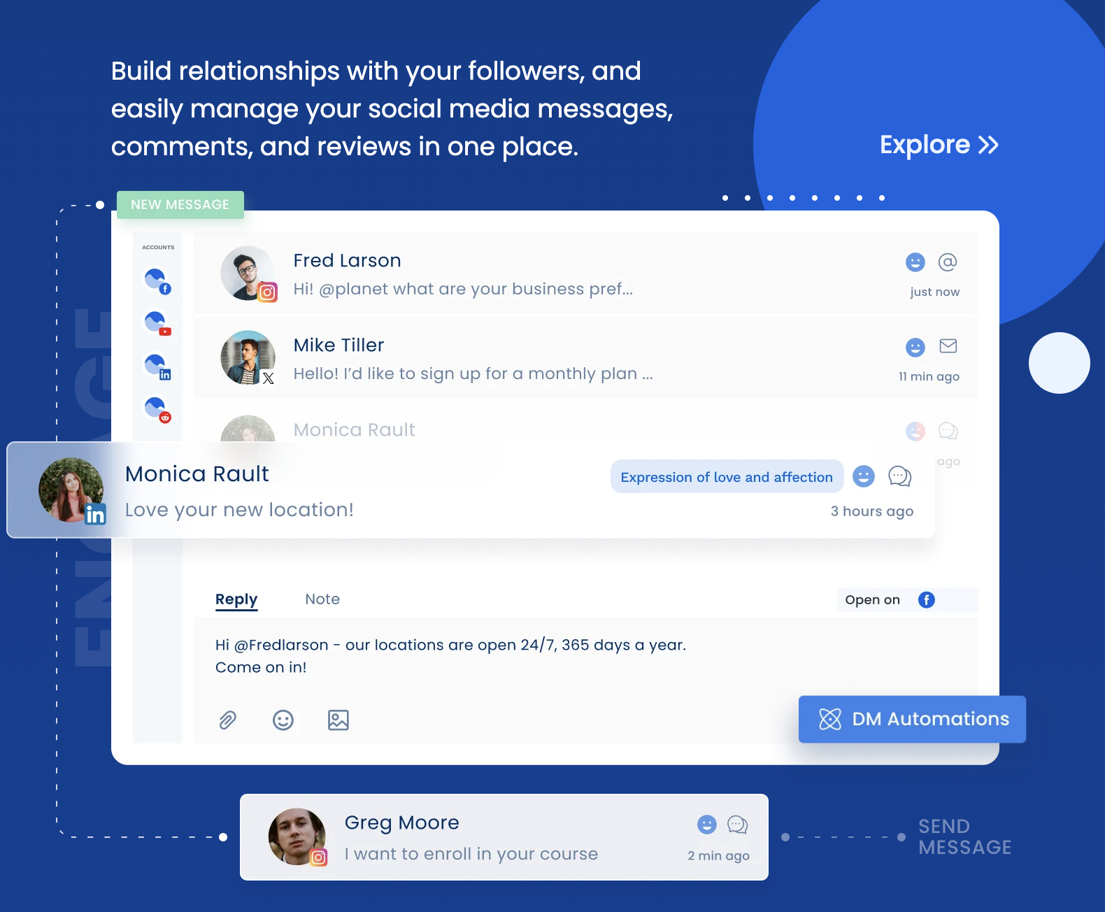 Vista Social community management interface showing comments, direct messages, and response controls